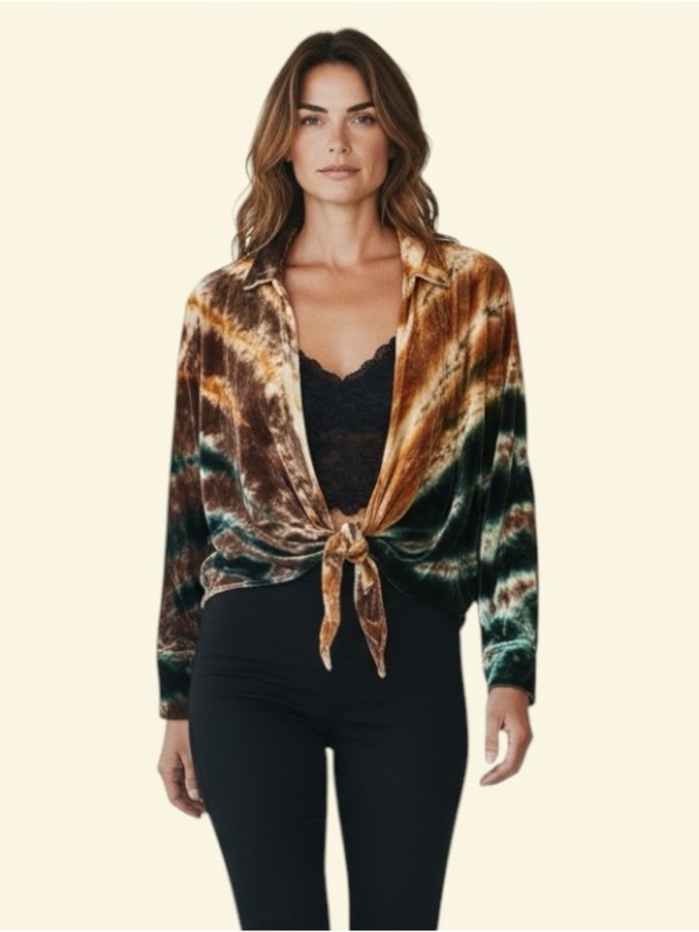 YFB Tie-Front Velvet Button-Down Top in Brown and Green Tie-Dye